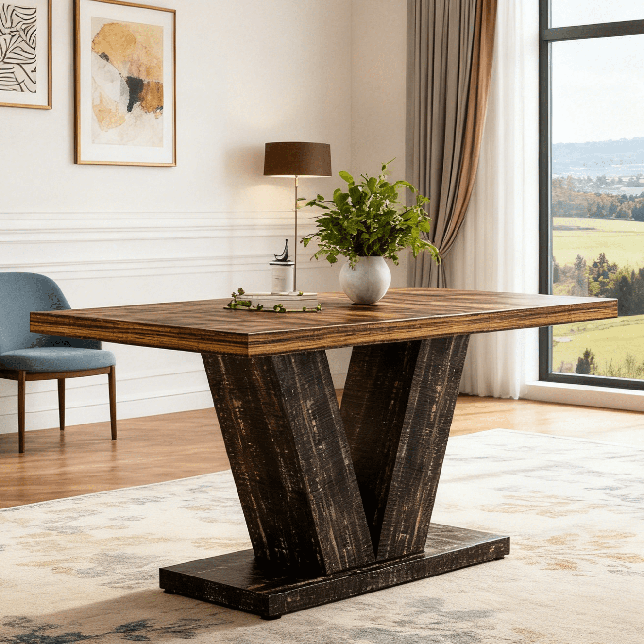 Fnova 47.24" Rectangular Farmhouse Dining Table, Wood Coffee Table for 4 People, Modern Kitchen Table for Dining Room, Brown Black (Chairs Not Included)