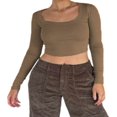 thumbnail image 1 of Femmes Crop Tops Couleur Unie Col Rond Manches Longues T-Shirt, 1 of 6