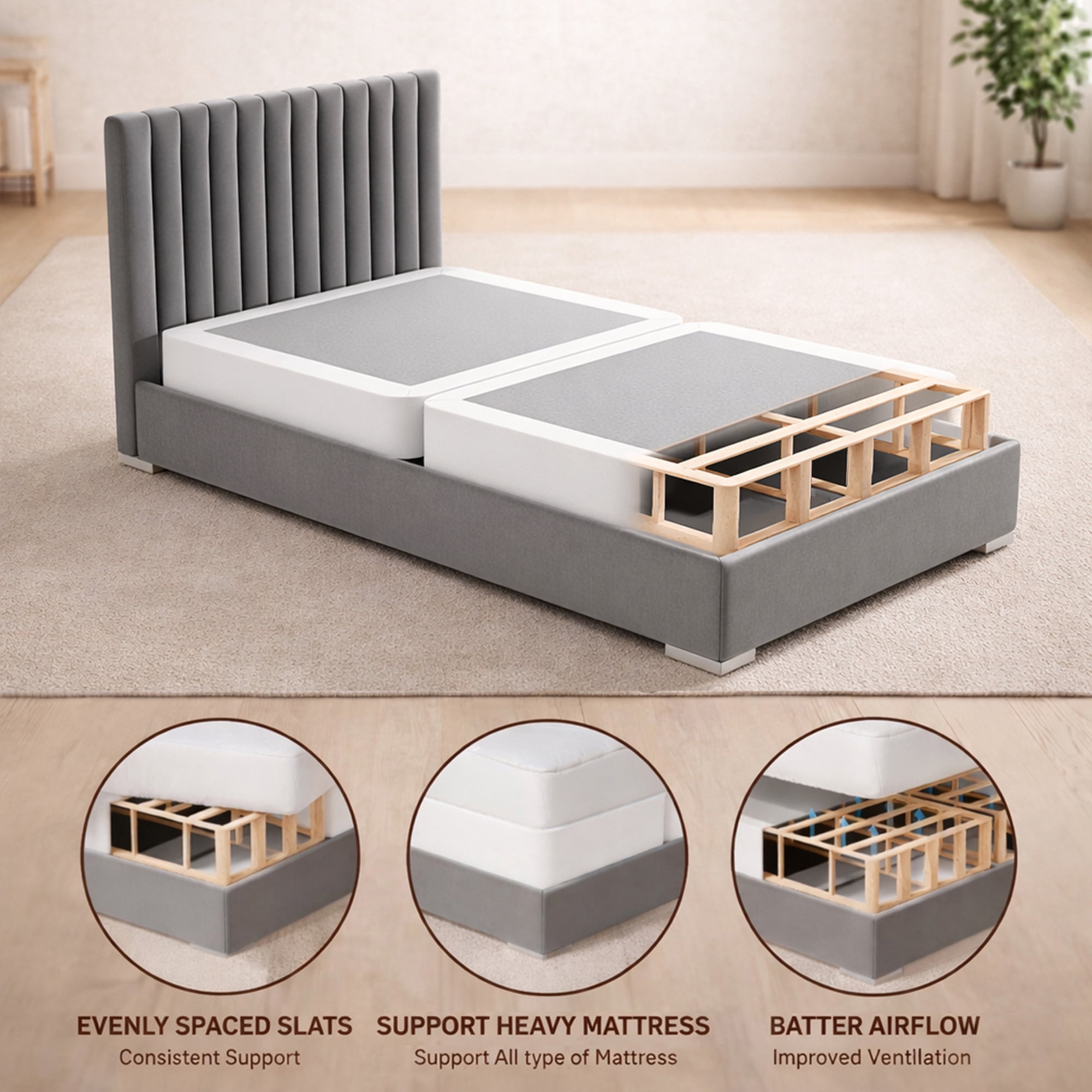 Continental Sleep, Box Spring Bed Base Twin Size, 4-Inch Wood Mattress Foundation, Quiet Noise Free, 2-Pieces Under Mattress Support BoxSpring, Fully Assembled, White