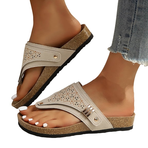 Rokment Wedges Orthopedic Cork Footbed Thongs Sandals for Women Boho Beach Leather Platform Slides Flip Flops Comfortable Dressy Slip on Slippers Beige Size 6
