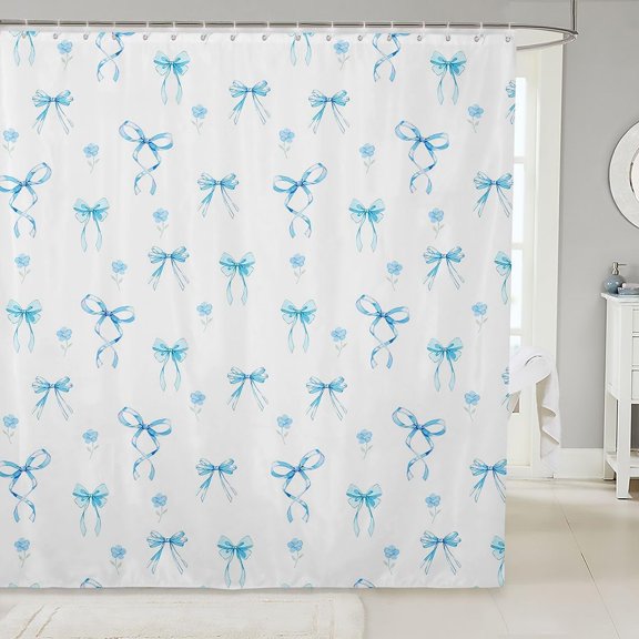 Blue Bows And Flowers Shower Curtain Waterproof Fabric Bathroom Decor 71x71 Inches