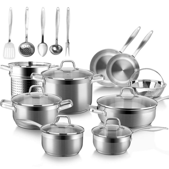 Duxtop Juego profesional de utensilios de cocina de inducción de acero inoxidable, juego de ollas y sartenes de cocina, fondo pesado con tecnología de unión a impactos