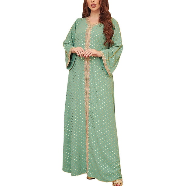 Gibobby Suave Camisa de Noche para Mujer Día de San Valentín Ropa dormir musulmana larga manga larga con estampado y bloques color con cuello en V para mujer con(Verde,CH)