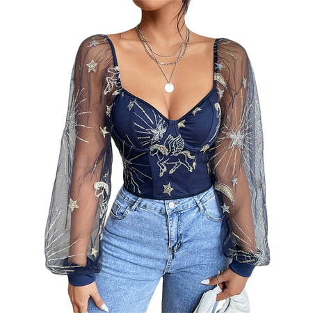

Ma&Baby Women Crop Tops Mesh Sheer Long Sleeve Star Embroidered T-Shirt Blouse Corset Shirt