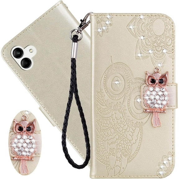 for Samsung Galaxy A05 Wallet Case for Women, Glitter Bling Diamond PU Leather Folio Cover with Card Slot & Wrist Strap Phone Case for Samsung Galaxy A05 Owl Gold