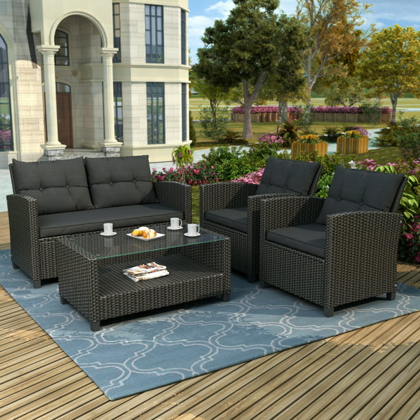 Patio Dining Sets Clearance, 4 Piece Outdoor Sectional Sofa Set with Loveseat and Glass Table ...
