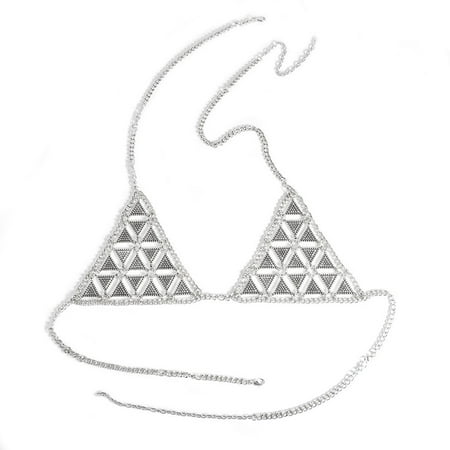 Triangle Bikini Top Body Chain Jewelry Bra Harness Chain Sexy Top Body Chain Nightclub Jewelry for Women-Ancient silver
