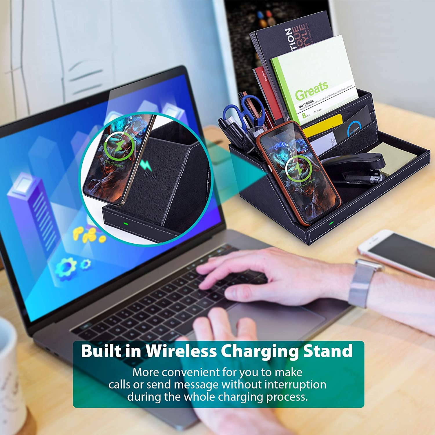 Miroddi Desk Organizer with Wireless Charging for iPhone, PU Leather Valet Catchall Tray with Pencil Holder for Desk & Nightstand Organizer Home Office, 1 Pack