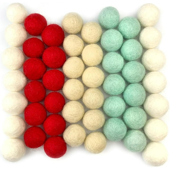 Wildflower by hu hands Christmas Cheer Felt Balls | 50 Loose Pom poms for DIY Crafts, Garland, Decor | .8-1 Inch Red, White, Tan, Turquoise | 100% Wool Hand Felted in Nepal | Muslin Bag Included