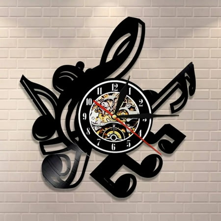 Music Notes Wall Art Treble Clef Vinyl Wall Clock,Vinyl Record Clock Wall Art Black Handmade Art Home Unique Gift idea