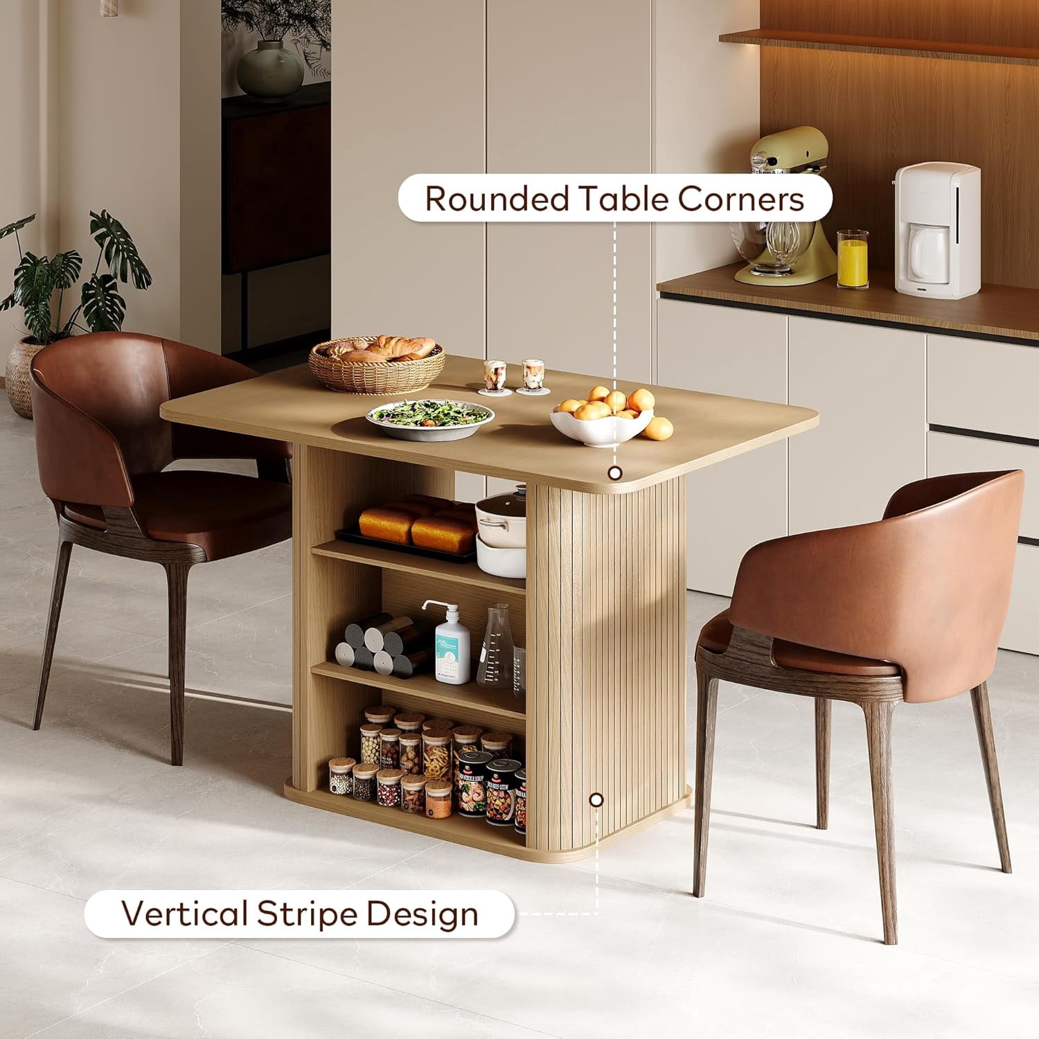 LAZZO 43.3" Dining Table for 4 People, Small Rectangular Kitchen Table with 3-Tier Storage Shelf, Oak