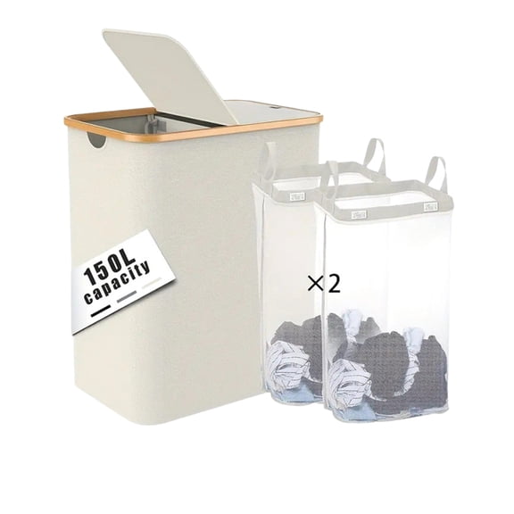 Charcrocsm Double Laundry Hamper, 150L Large Dual Laundry Basket with Split Lid and 2 Removable Mesh Bags, Foldable Oxford Cloth Laundry Sorter for Bedroom, Bathroom, and Dorm, Beige