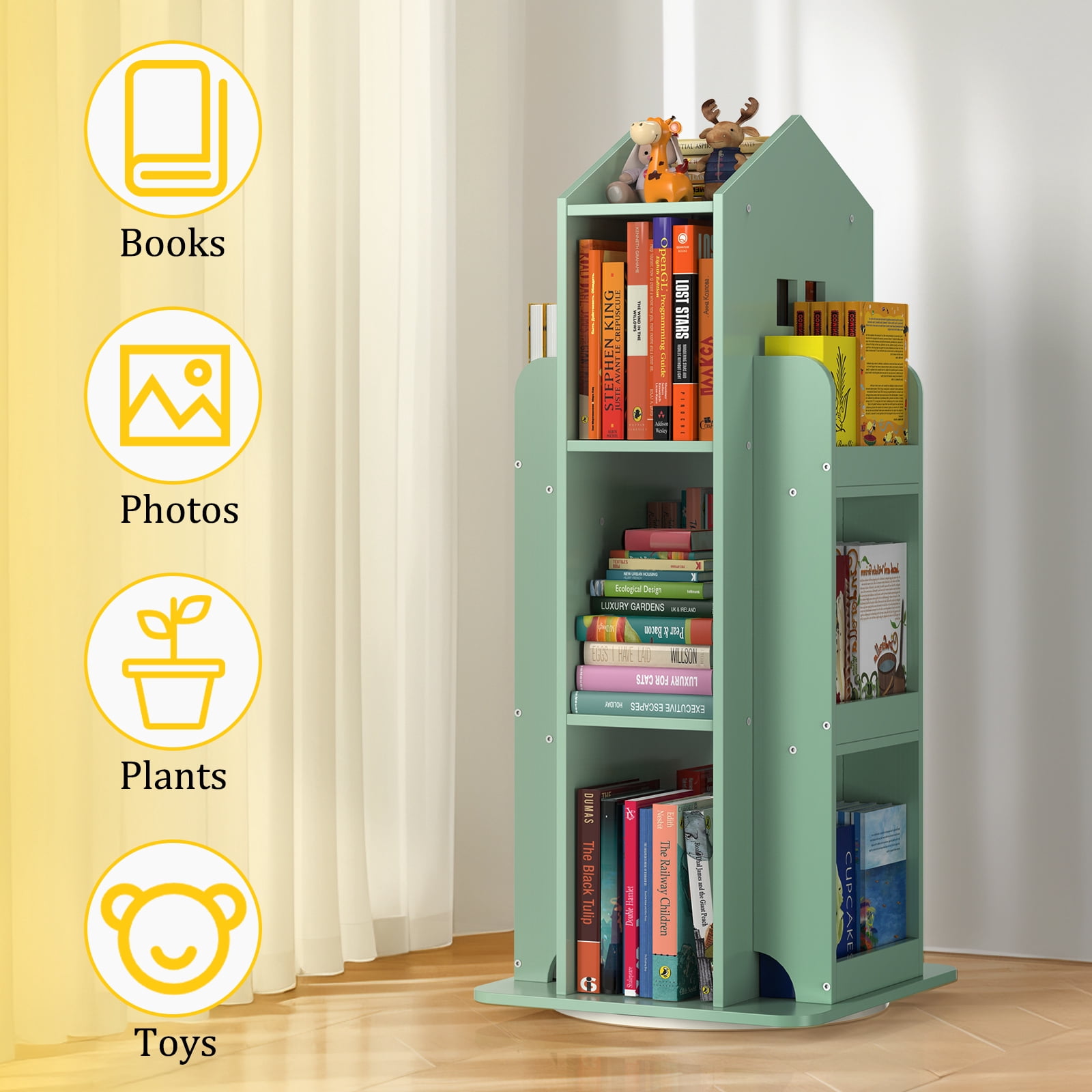 360° Rotating Kids Bookshelf, Olive Green Engineered Wood House-Shaped Bookcase, 38in Tall Storage Organizer for Bedroom, Playroom, Living Room