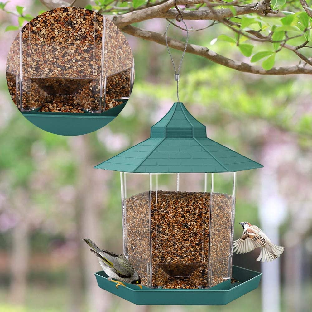 Wild Bird Feeder Hanging for Garden Yard Outside Decor Hexagon Shaped with Roof 