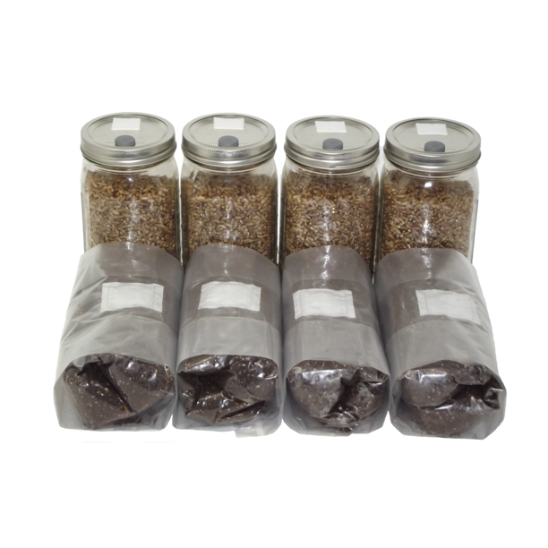 Four Quart Jars of Sterilized Rye and Four One Pound Bags of Manure