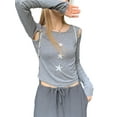 thumbnail image 2 of hirigin Women Short Tops, Round Neck Long Sleeve Star Cutout Casual Party Street Fall Spring Cropped Tops, 2 of 8
