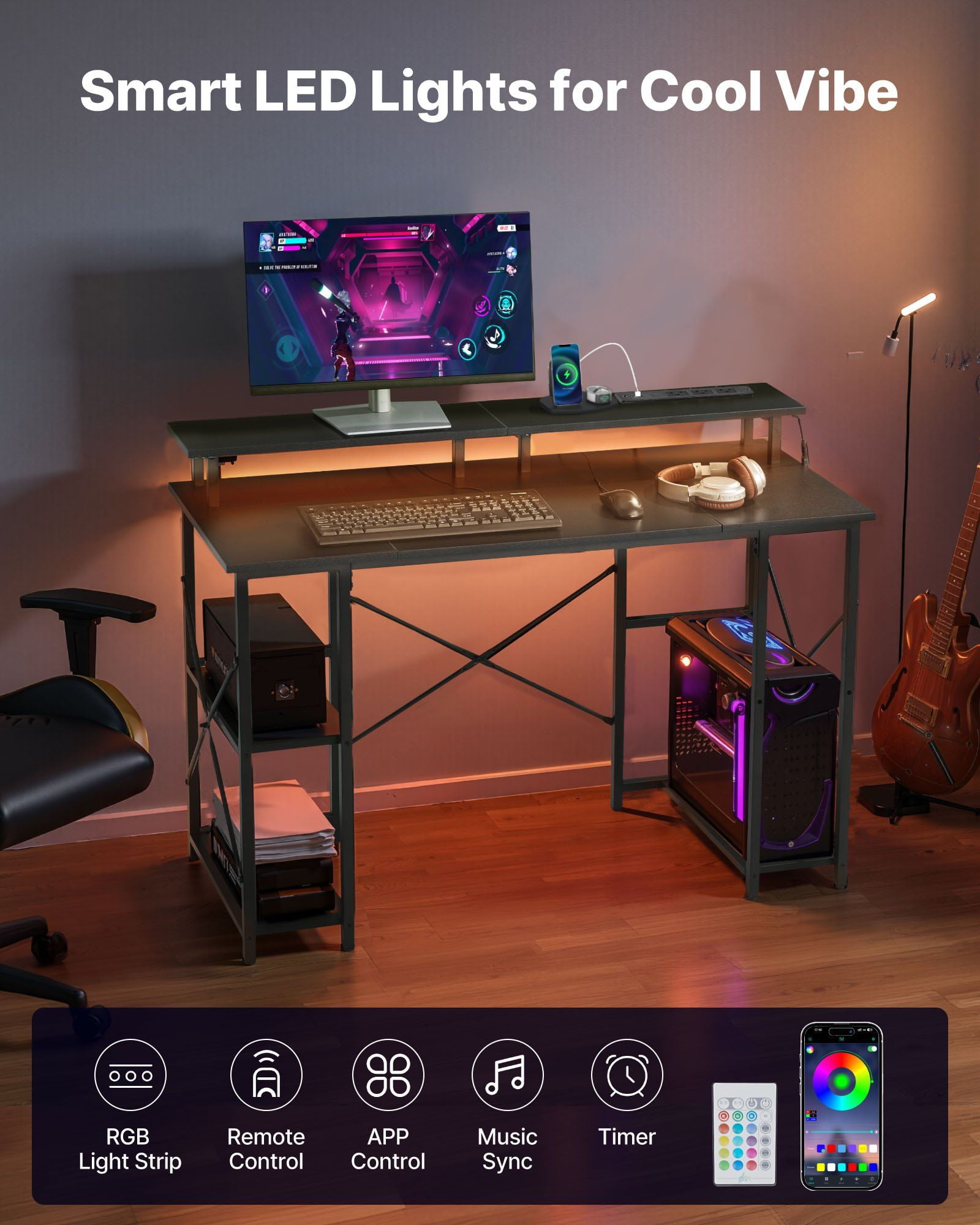 47" Black Gaming Desk Featuring LED Lighting System, Convenient Power Outlets, Monitor Stand and Two-Tier Shelves for Home Office Study