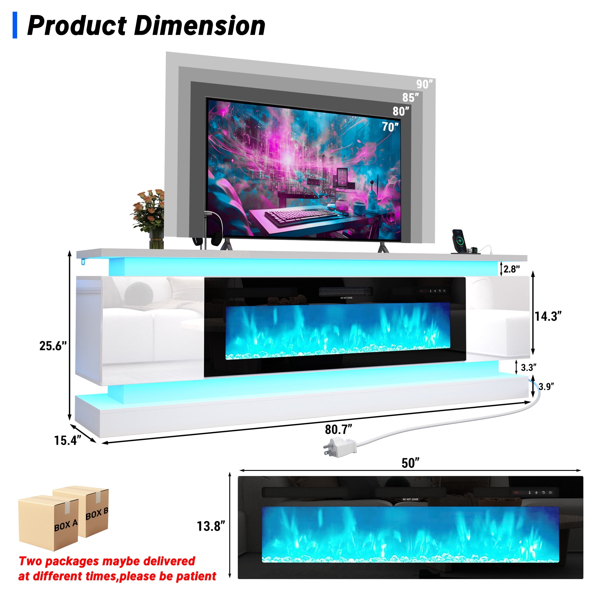 Blotout 81" Fireplace TV Stand with 50" Fireplace, LED Lights & Power Outlet for 90/85/80 Inch TV, Modern Gaming Entertainment Center with High Gloss Cabinet, Media TV Console for Living Room