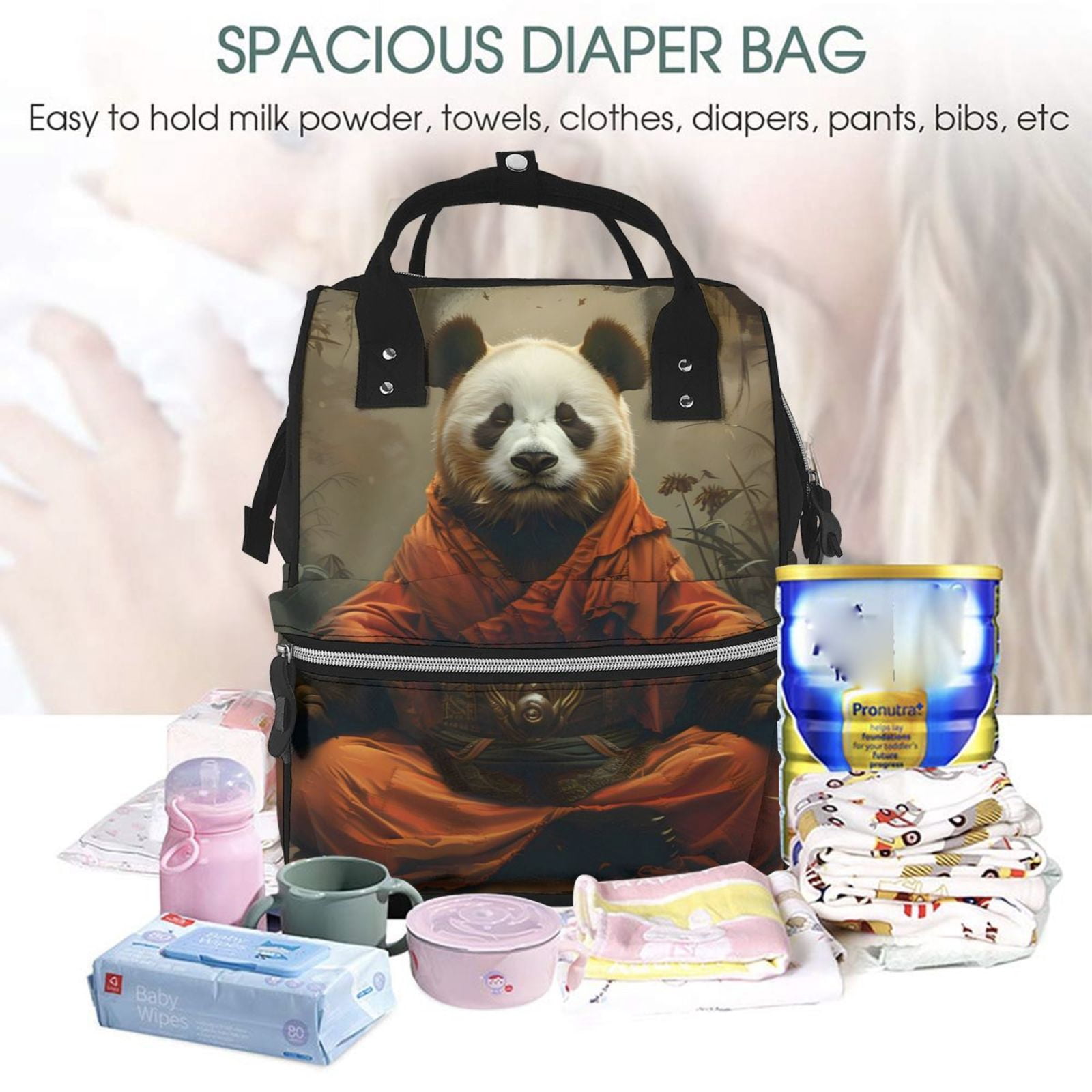 Fuzoiu Jungle Meditating Panda Print Diaper Bag Backpack,Baby Essentials Travel Tote,Multi function Waterproof Diaper Bag, Travel Essentials Baby Bag - Unisex