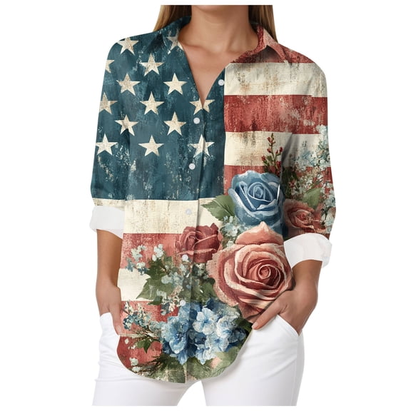 vigerkar Women's Cotton and Linen Independence Day American Flag Floral Print Shirt (Navy, 5XL)