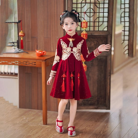 LIJCC Girls Chinese New Year Cheongsam Qipao Performance Dress Kids Long Sleeved Traditional Oriental Asian Retro Embroidery Princess Party Tutu Dress