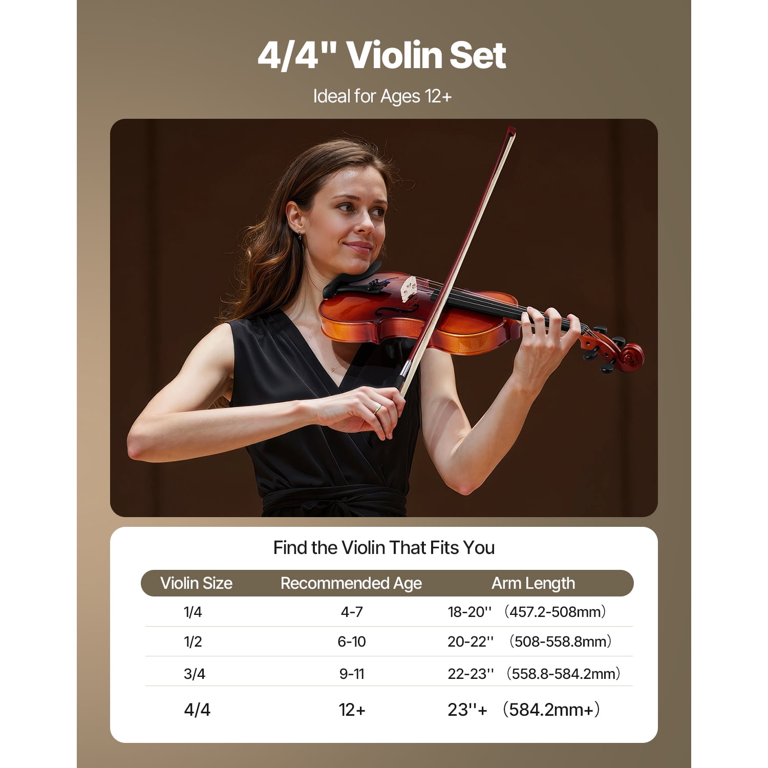 KFFKFF Full-Size 4/4 Violin for Adults, Beginner's Fiddle Set with Case, Rosin, Bow, Shoulder Rest, Bridge, Extra Strings, Solid Wood Musical Instrument (Glossy Brown)
