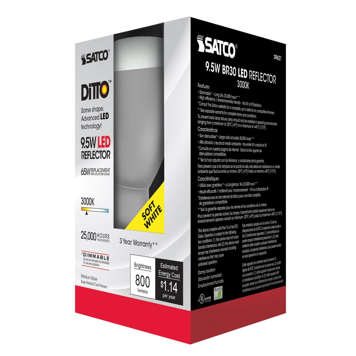 Satco Lighting 9.5 Watt BR30 LED Soft White Light Bulbs - 105 Degree Beam Angle - 3000K - Medium Base - 120 Volt - Dimmable - 750 Lumens (12 Pack)