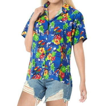 HAPPY BAY Women's Casual Beach Blouse Shirt Floral Blouses Button Up Short Sleeve Dress Tops Tee Shirts Hawaiian T Shirt for Women L Tropical Parrots, Blue