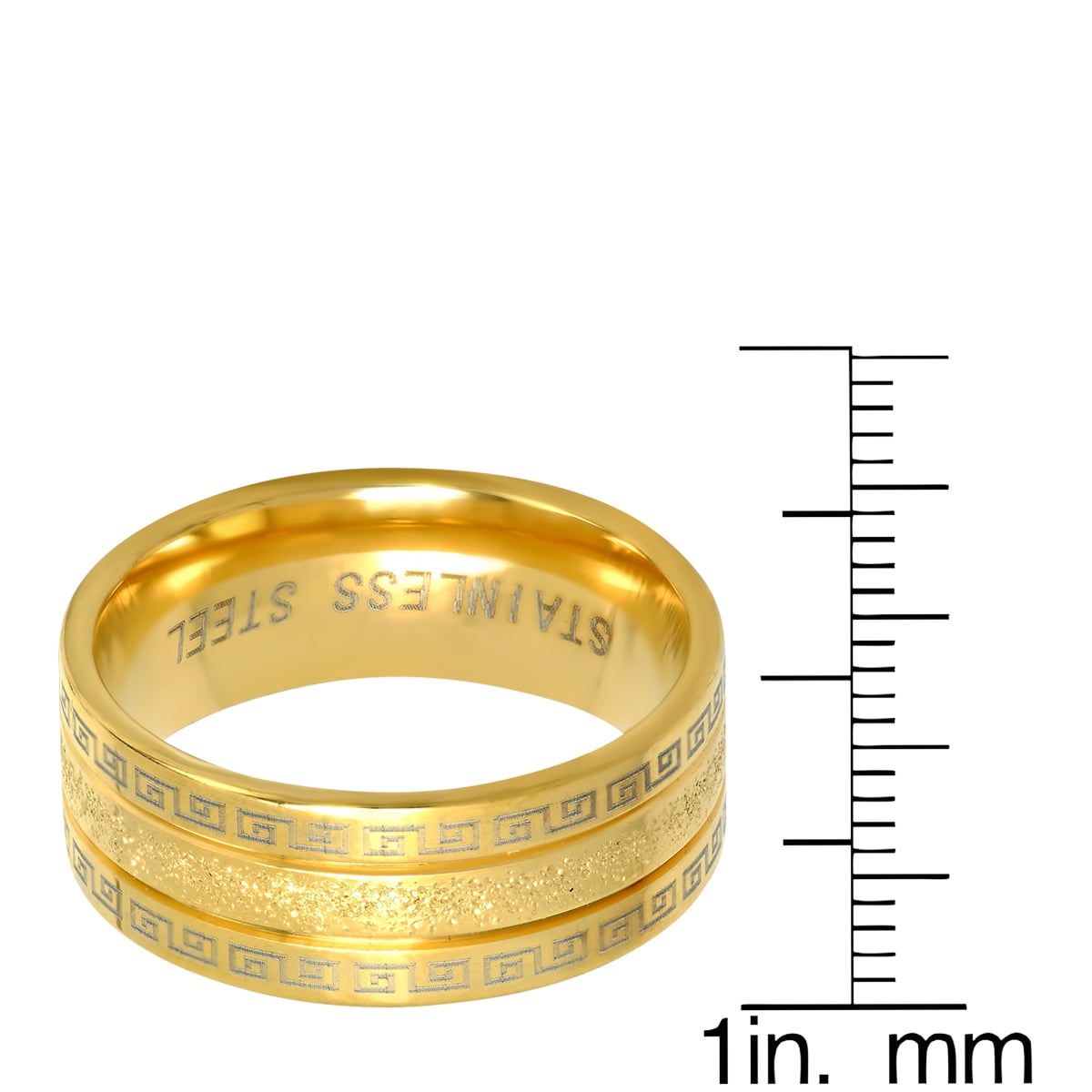 Men's 18K Gold Plated Stainless Steel Sand Dust Inlay Ring with Greek Key Accents