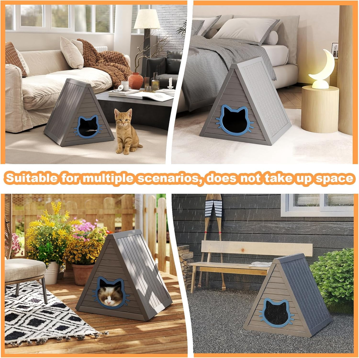 OFFIGAM Weatherproof Resin Cat House Gray Indoor Outdoor Feral Shelter Easy Clean 23.82x25.59x25.67in
