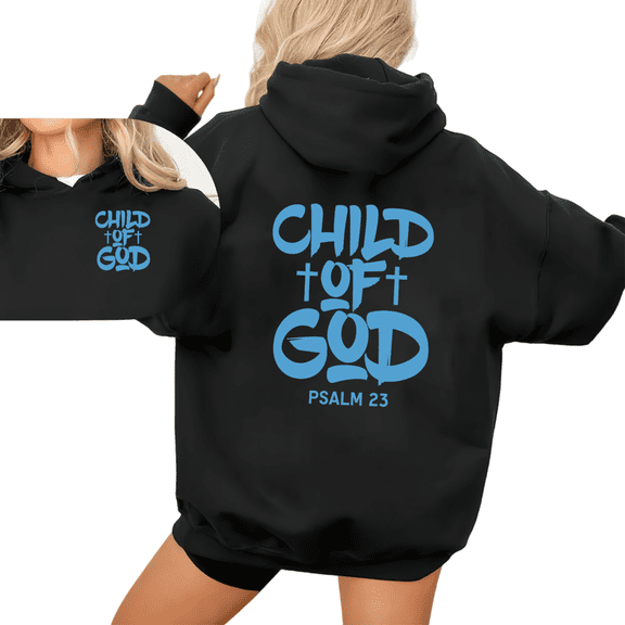 Women's Bright Blue Graphic Child Of God Hoodie Comfortable Breathable Hooded long-sleeved Black S-2XL