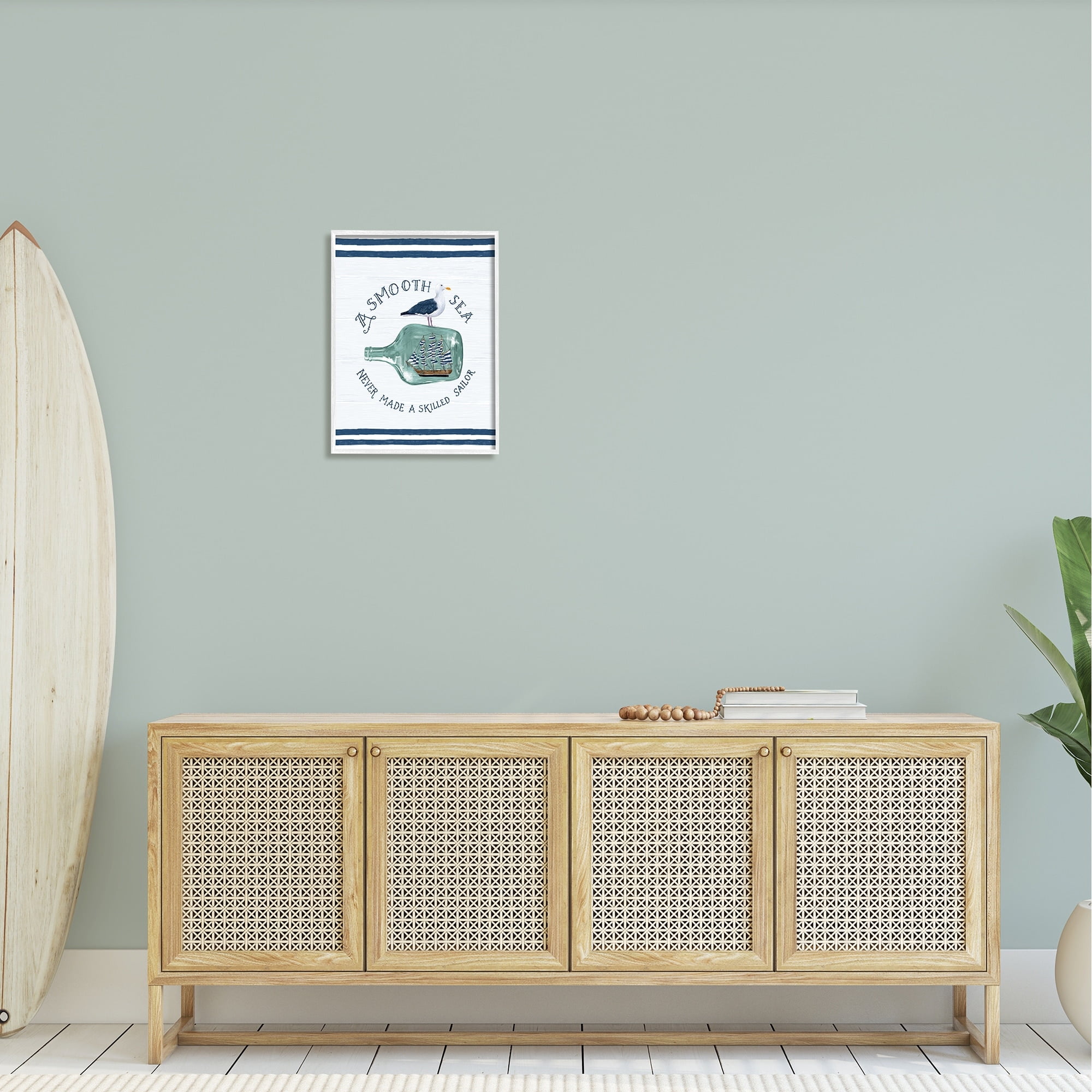 Stupell Industries Nautical Beach Saying Seagull Grainy Stripes Pattern Graphic Art White Framed Art Print Wall Art, Design by Raquel Maciel