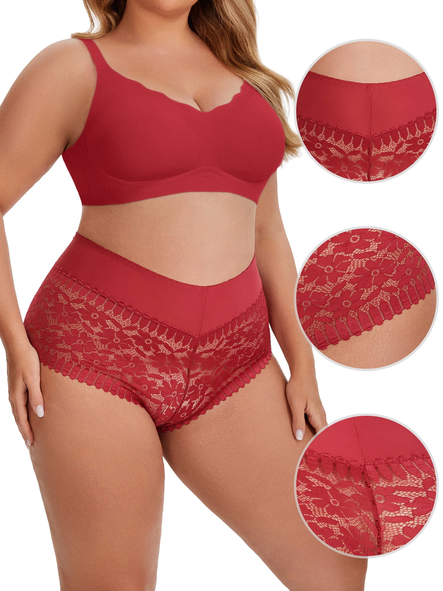 DARING DIVA Women's Sheer Lace Trim Mid Rise Briefs for Comfort and Style XXL Red