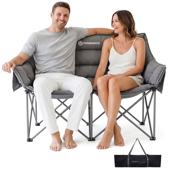 FUNDANGO 500GSM Padded Loveseat Camping Chair for Adults, Folding Oversized Camping Chair for 2Person, Support to 880lbs Outdoor Double Padded Camping Chair with Side Table for Lawn & Camping, Grey