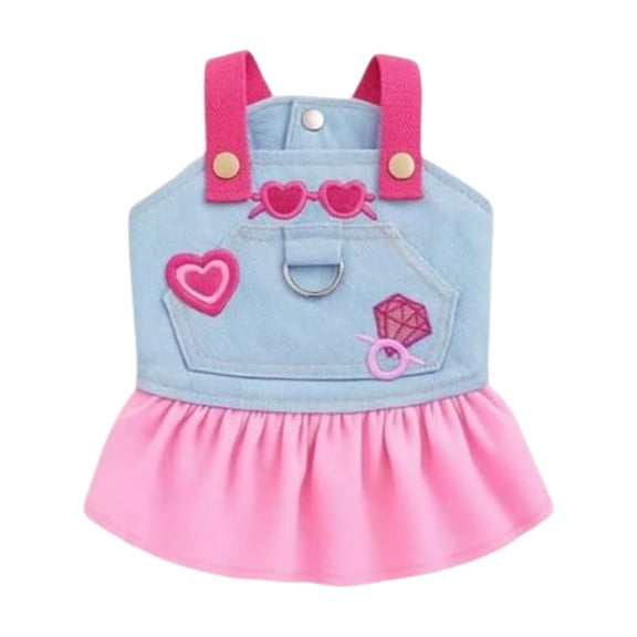 Cute Denim Dog Dress with Built-In D-Ring, Stylish Female Puppy Dress Harness, Adorable Embroidered Pet Outfit for Small Breed Dogs, Cats, Chihuahua Yorkie Poodle Daily & Outdoor Wear(Pink,L)