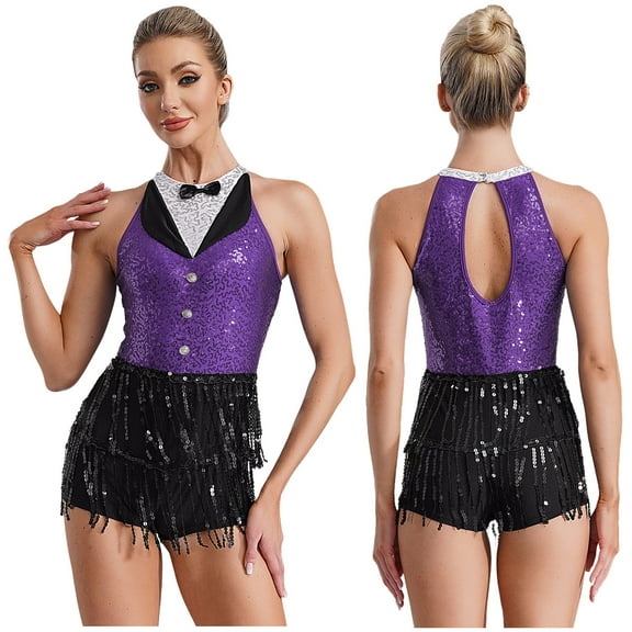 Kaerm Womens Sequins Tassel Jazz Latin Dance Dress Sleeveless Modern Tango Salsa Dance Leotard Purple 14