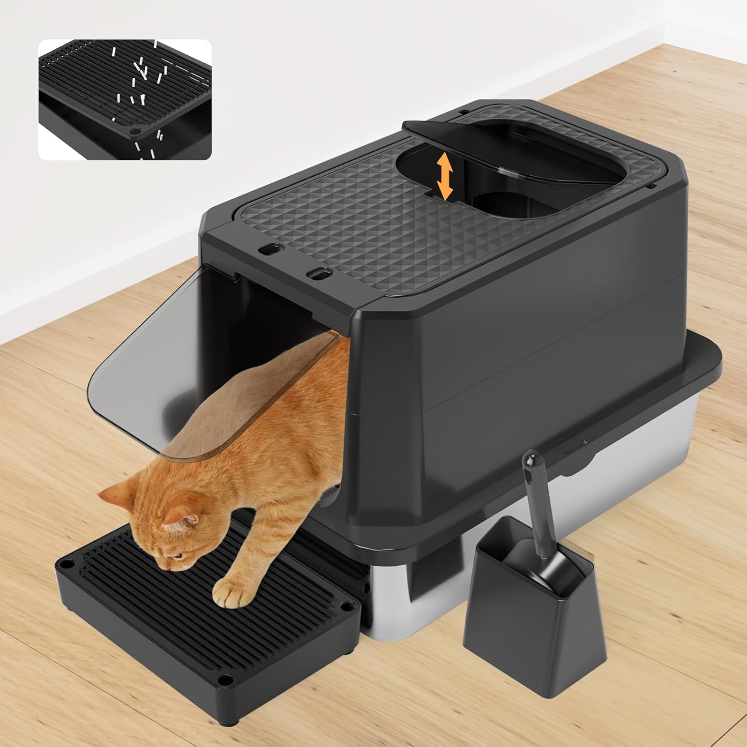 Enclosed Cat Litter Box: All Black Stainless Steel - Odor-Resistant & Easy Wipe Clean - Teflon Non-Stick Coating for Quick Cleaning - Large Top-Exit Pan for Modern Homes Garage