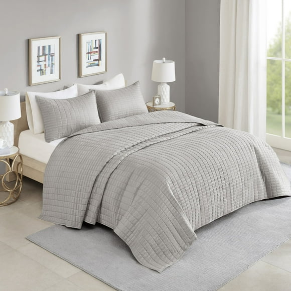 Comfort Spaces Grand Quilt-All Saison Literie, Couvre-Lit Gris avec Double Face Coutures Design, Couverture d'Été Doux Correspondant Ombres Coverlet Collection Kienna (102x118") 3 Pièces"
