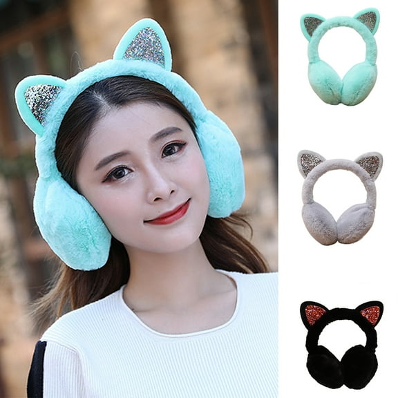 SPRING PARK Women Lovely Winter Cats Ear Warmer Shiny Glitter Outdoor Classic Soft Earmuffs
