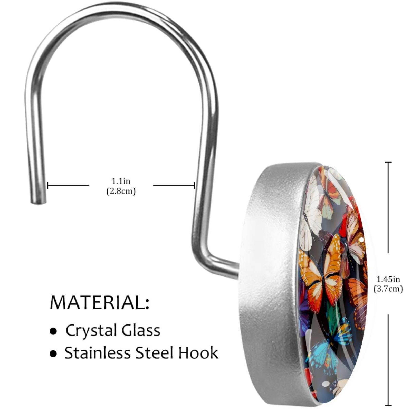 Colorful Butterfly Shower Curtain Hooks Round Crystal Glass, Set of 12 Shower Curtain Rings - Shower Hooks for Curtain Shower Rings