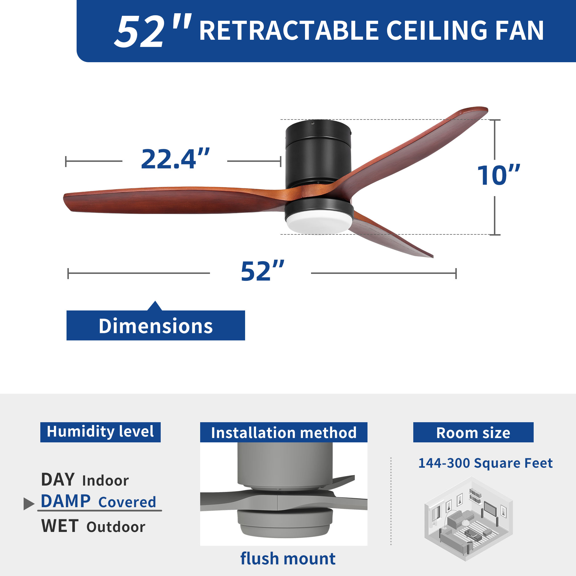 Dextrus 52 Inch Ceiling Fan with Light and Remote, Wall Control Flush Mount Fan Light with 6 Speed, 3 Blades,Reversible Airflow - Black & Walnut