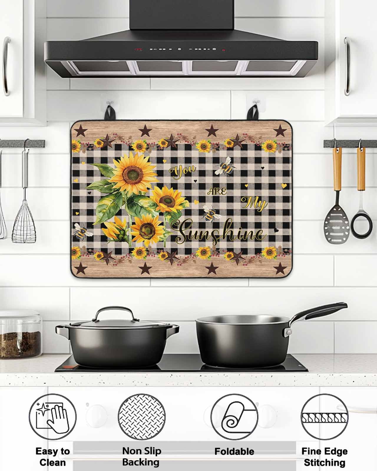 Stove Top Covers for Electric Stove, Sunflower Plaid Glass Stovetop Cover Protector, Country Sunshine Star Vintage Bee Black Induction Cooktop Protector Oven Mat for Kitchen Countertop 24"x21"