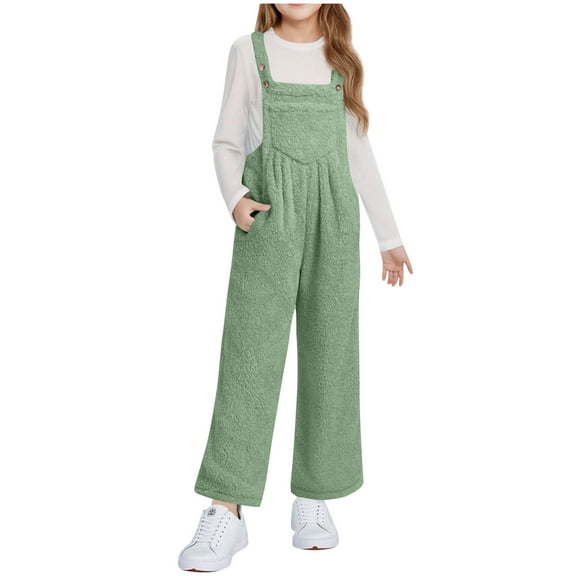 CYRBOKO Girls Fleece Overalls, Front Pocket Winter Thermal Stretchy Jumpsuits for Kids Green Size 11-12 T