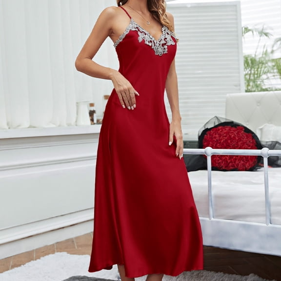 Ohufall Women's Nightfown Satin Printed Sleeveless Pleated Cami Sleep Dress Soft Breathable Loungewear Long Dress