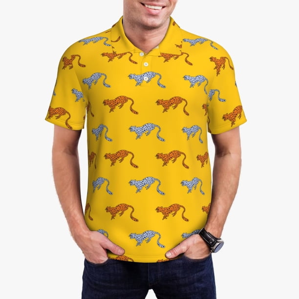 Balery Leopard Print Camisa Polo de Hombre con Estampado, de Manga Corta y Tejido Medio, Camisa Tipo Golf Polo-Small