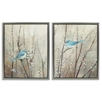 Stupell Industries Peaceful Perched Blue Birds Animals & Insects Painting Gray Floater Framed Canvas Art Print Wall Art, 17 x 21, Set of 2
