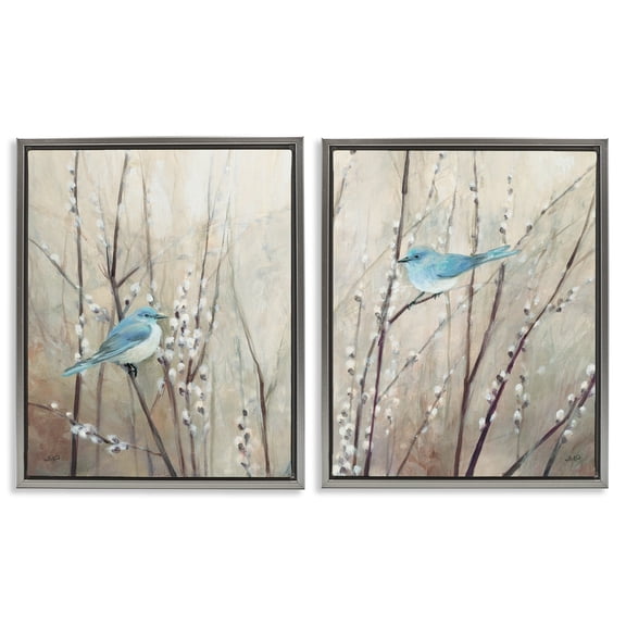 Stupell Industries Peaceful Perched Blue Birds Animals & Insects Painting Gray Floater Framed Canvas Art Print Wall Art, 17 x 21, Set of 2