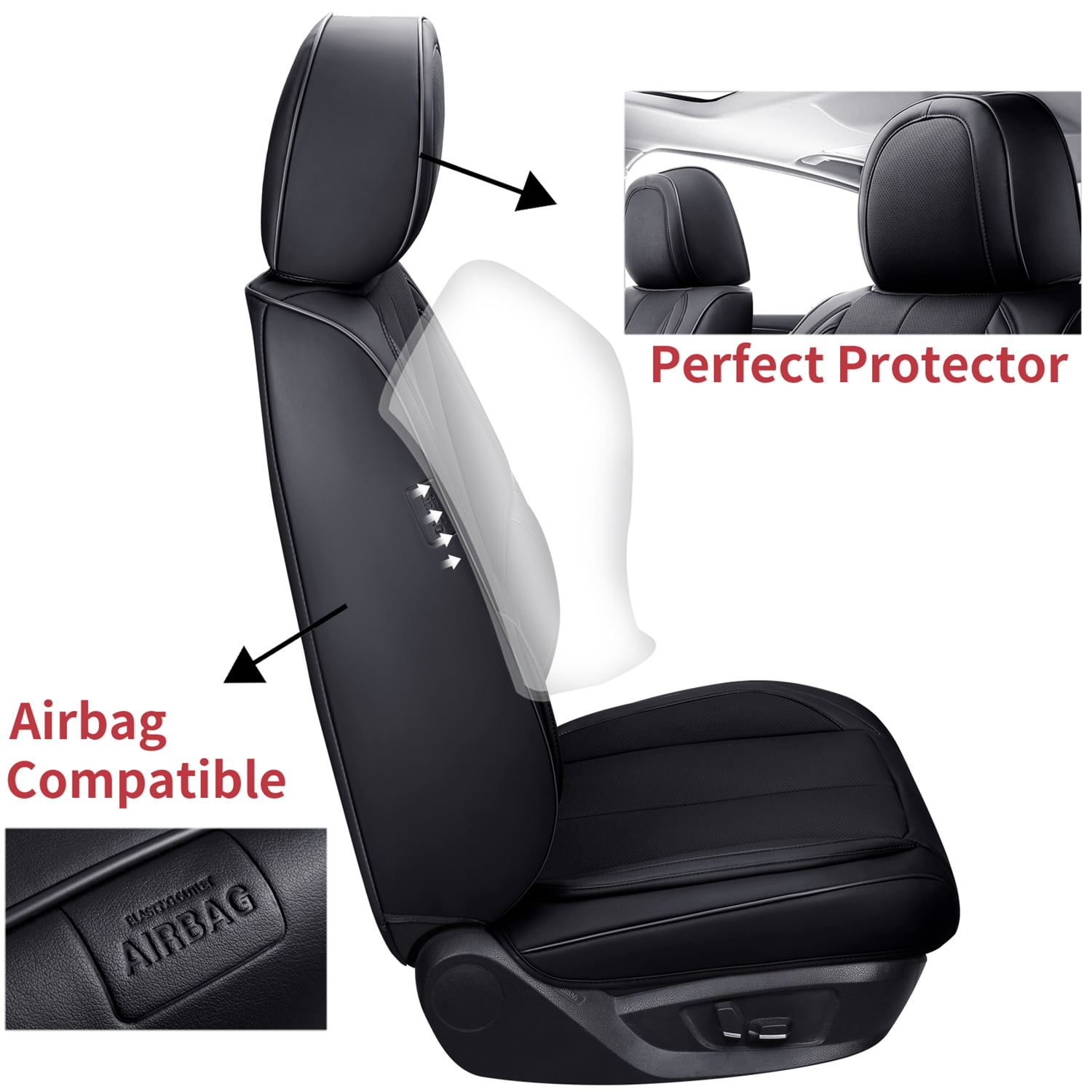 Coverado Black Front Car Seat Covers, Stylish Waterproof Premium Leather Automotive Seat Protectors, Airbag Compatible Auto Interior Accessories Universal Fit for Most Cars SUV Pick-up Trucks