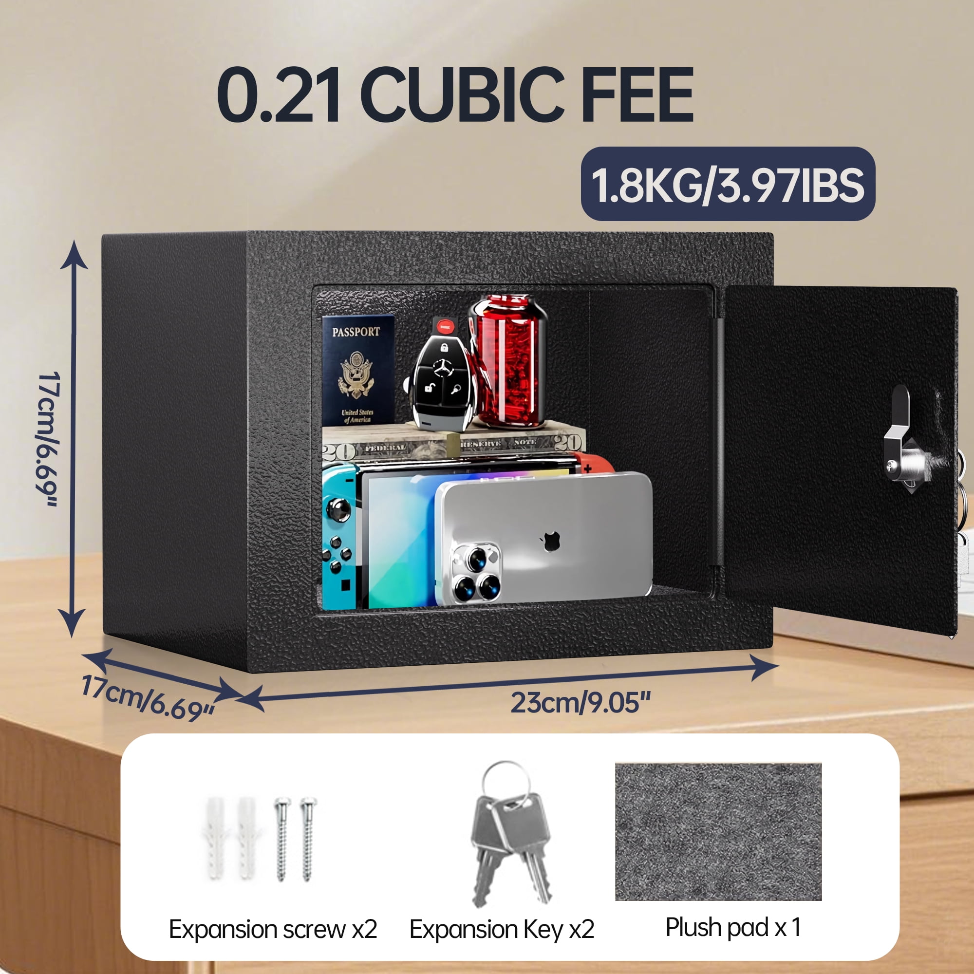 Small Safe, 0.25 Cubic Lock Box for Keys with Code, Steel Safe with Key, Mini Safes for Money, Jewelry, Wall Safes for Home, Hotel or Businessfor Cash Jewelry