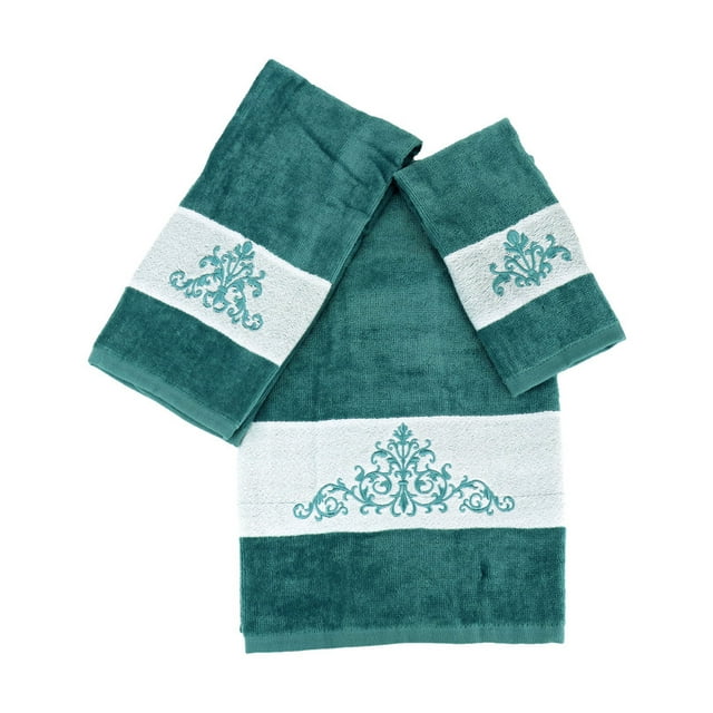 Marina Decoration Premium Luxury Decor Ultra Soft 100% Cotton Embroidered Bathroom Modern 3 Piece Towel Set, Turquoise Blazon with Turquoise Base Pattern